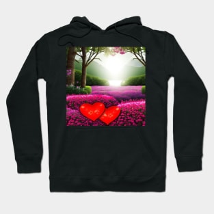 Valentine Wall Art - Hearts in a sunrise garden - Unique Valentine Fantasy Planet Landsape - Photo print, canvas, artboard print, Canvas Print and T shirt Hoodie